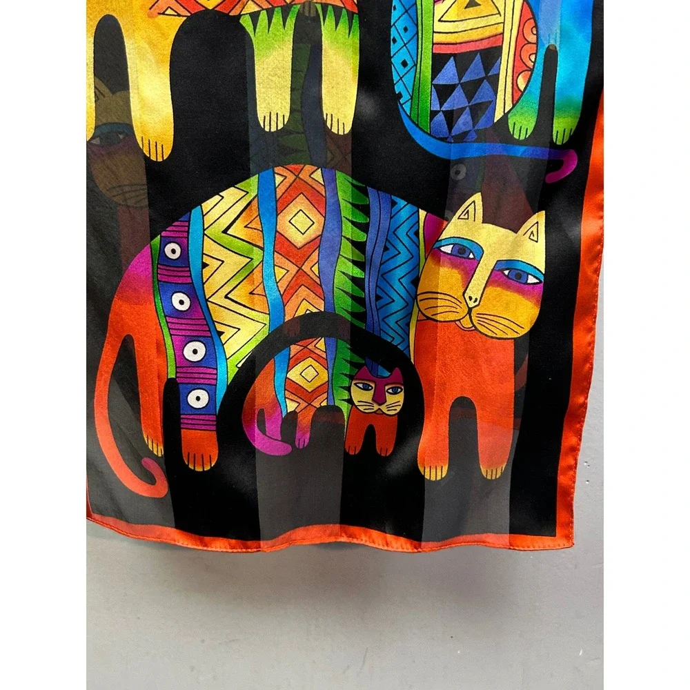 Laurel Burch Scarf Women OS Multicolor Silk Cat Art Whimsical Folk Art Rectangle